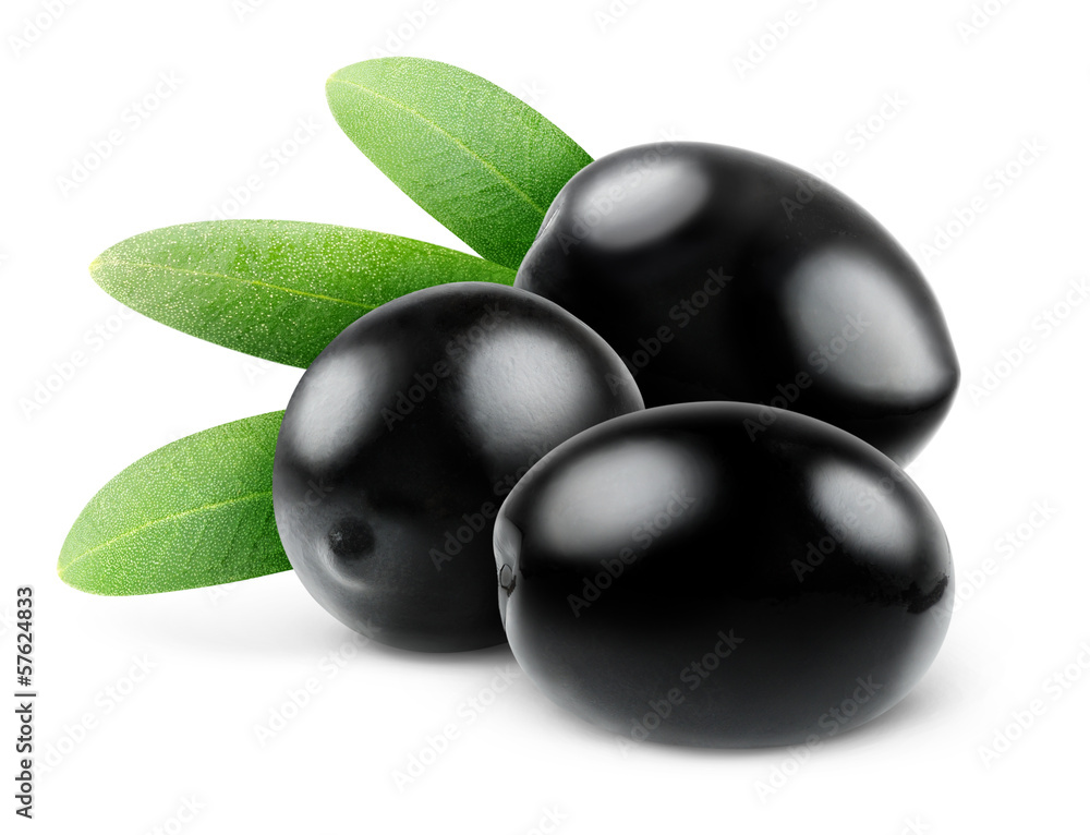 Isolated olives. Three black olive fruits with leaves isolated on white background Isolated olives. Three black olive fruits with leaves isolated on white background