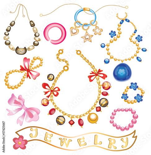 collection of gold jewelery with precious stones (vector illustr