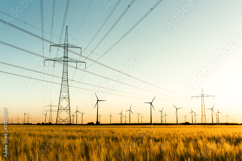 Strommasten, Kornfeld und Windräder im herbstlichen Gegenlicht photo