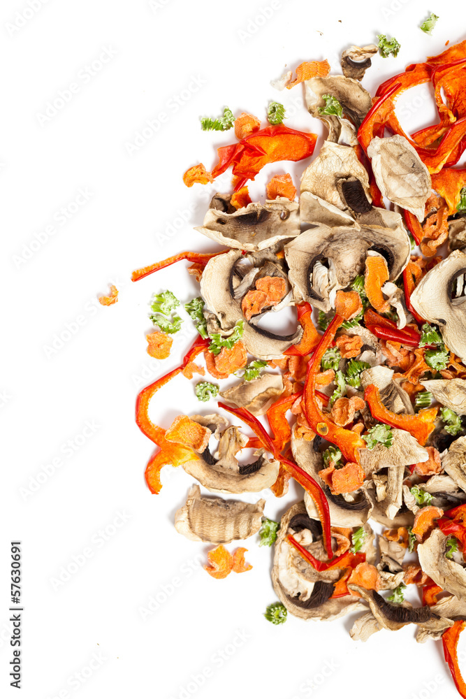 Dry spices background. Carrots, mushrooms, celery, pepper