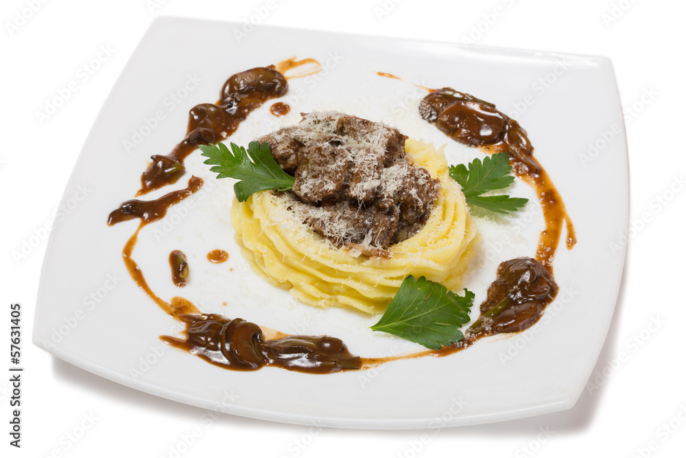 Fried beef fillet with mushrooms and mashed potato Fried beef fillet with mushrooms and mashed potato
