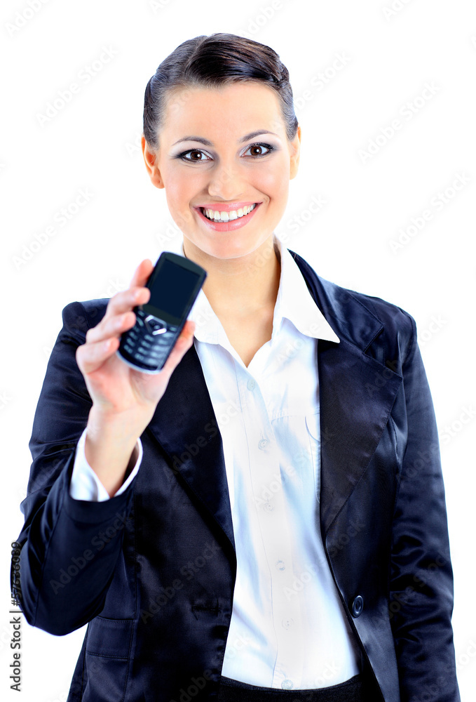 Beautiful business woman points to the phone Beautiful business woman points to the phone