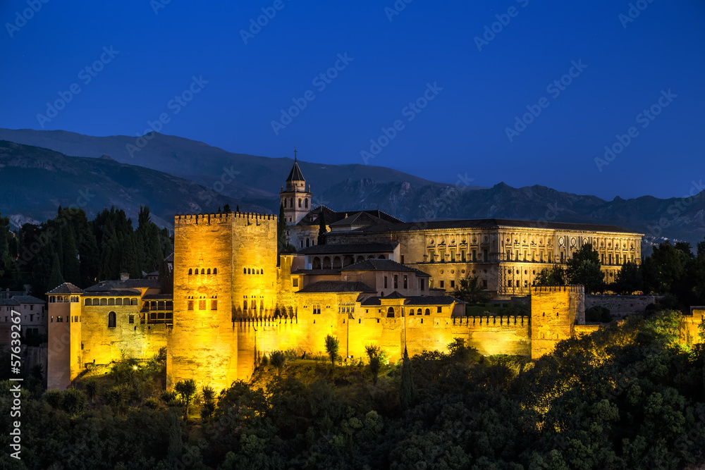 Ancient arabic fortress of Alhambra at night. Granada, Spain.