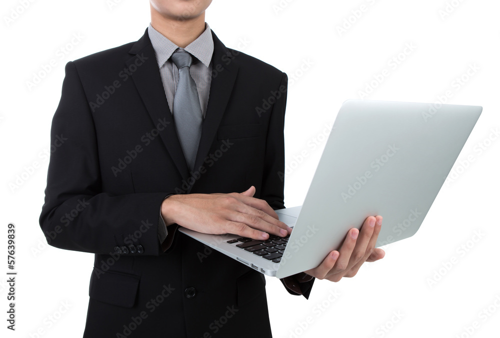 Business man with laptop against white background Business man with laptop against white background