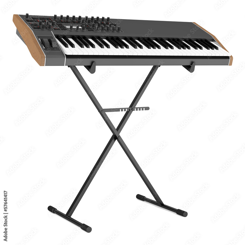Fototapeta premium black synthesizer on stand isolated on white background
