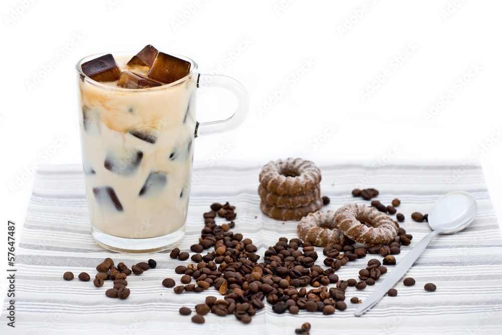Homemade ice coffee with coffee beans and biscuits Homemade ice coffee with coffee beans and biscuits