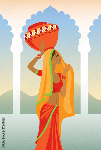 Vector  illustration of  Indian woman carries a jug on her hea