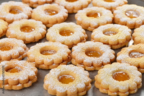 Macro shot of delicious jam cookies-Linzers