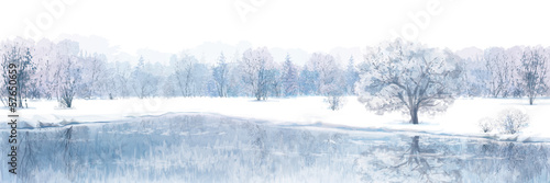 Vector of winter scene with river and forest background.