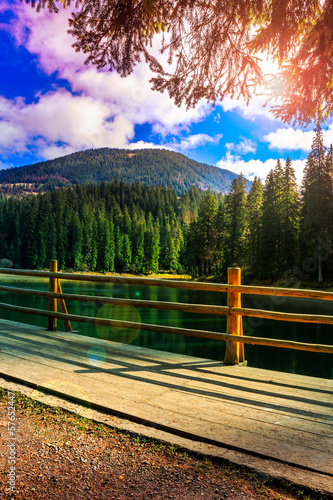 fence on mountain Lake near forest