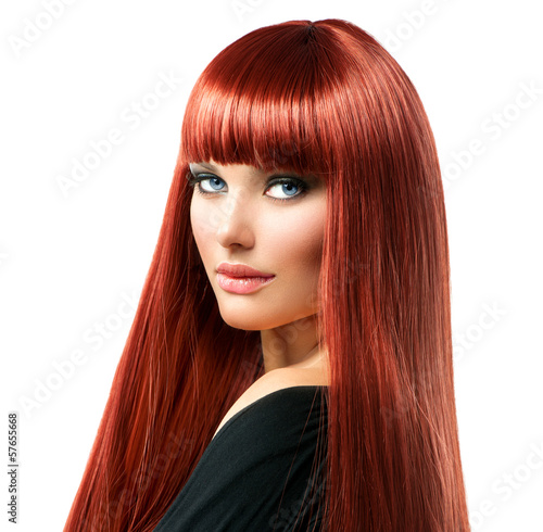 Sexy Woman with Long Shiny Straight Red Hair Isolated on White