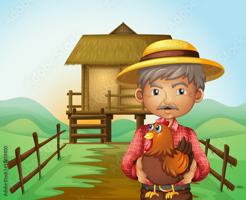 An old man with a rooster