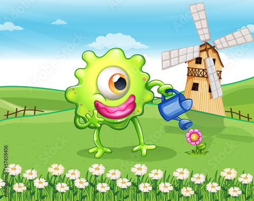 A one-eyed monster watering the plant at the hilltop
