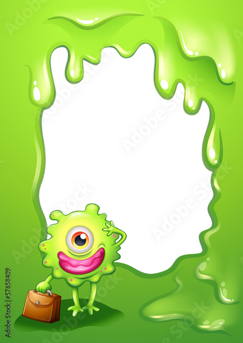 A green border design with a monster holding a bag