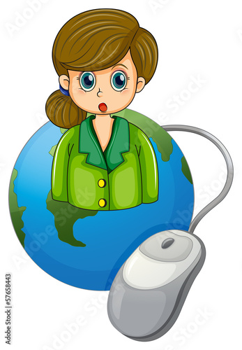 A businesswoman with a green blazer above the globe with a compu