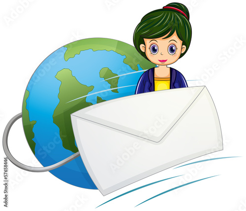 An envelope in front of the woman above the globe