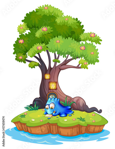 An island with a blue monster writing