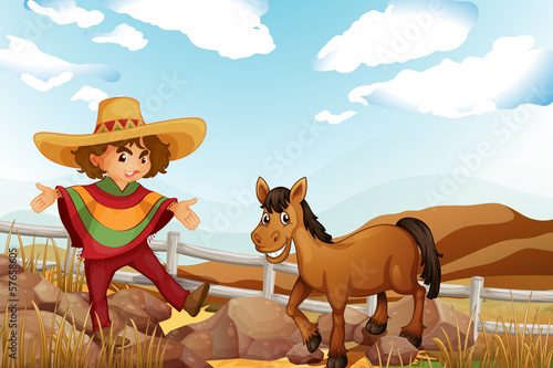 A man and a horse near the rocks