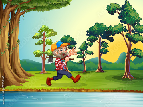 A happy woodman walking at the riverbank