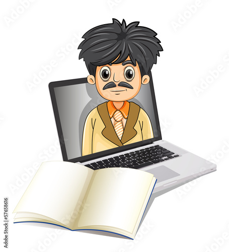 A business icon inside the laptop screen with an empty notebook