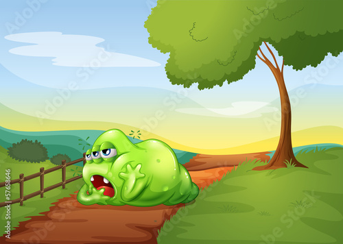 A tired monkey resting in the middle of the pathway in the hill