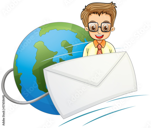An envelope in front of a smiling businessman above the globe