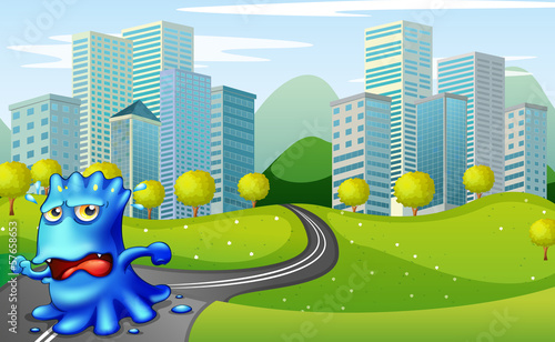 A monster running at the road near the buildings