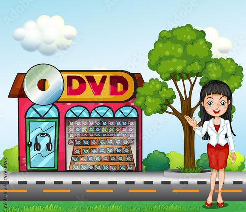 A girl in front of the dvd store