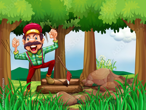 A forest with a happy and a hardworking woodman