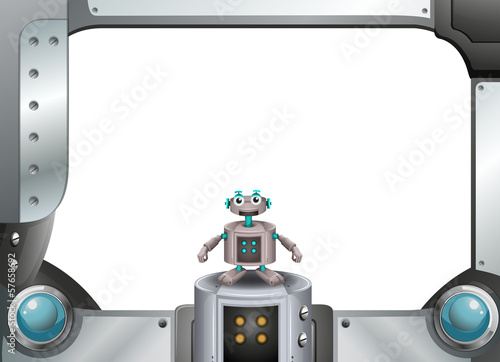 A metallic frame with a robot standing in the middle