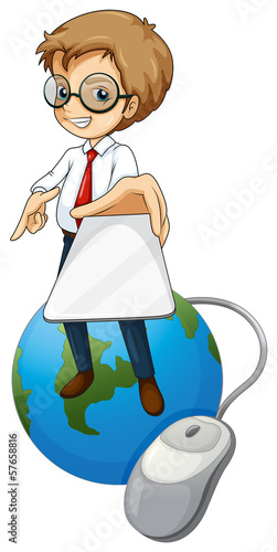 A man standing above the globe holding a cellphone