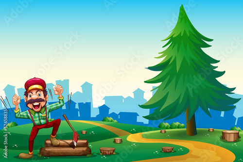 A woodman chopping woods at the hilltop near the pine tree