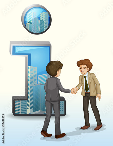 Two businessmen in front of the number one symbol