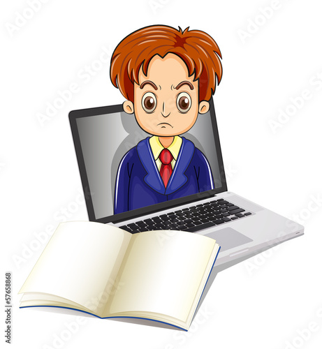 An angry man inside the laptop with a notebook in front