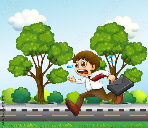 A man running hurriedly with a suitcase