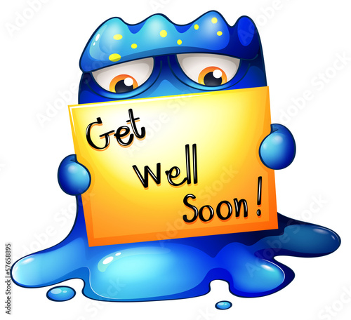 A blue monster holding a get-well-soon card