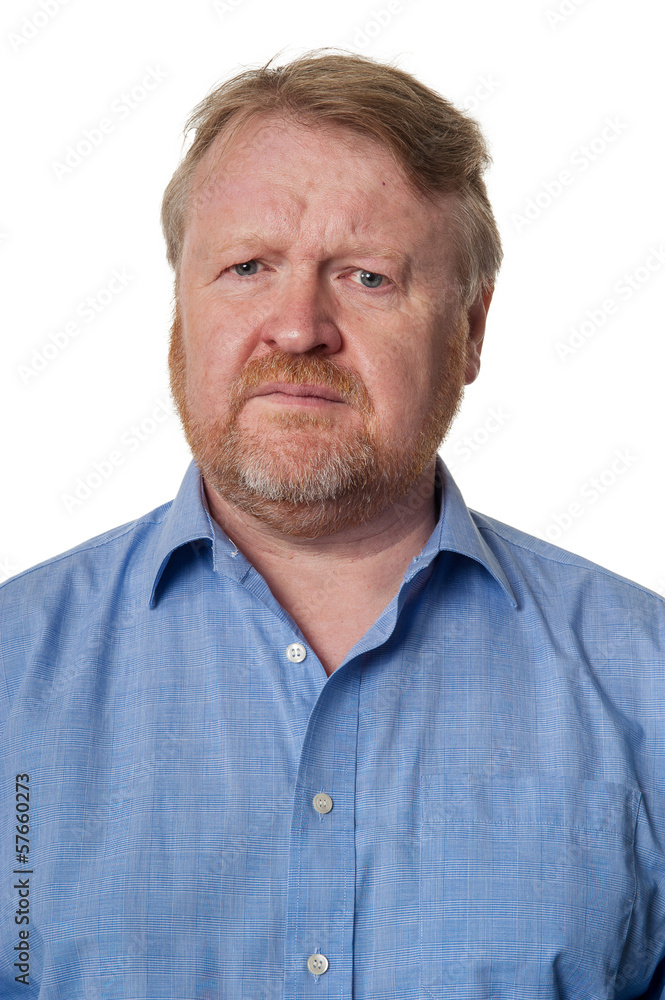 Puzzled middle aged bearded guy in blue shirt - on white Puzzled middle aged bearded guy in blue shirt - on white