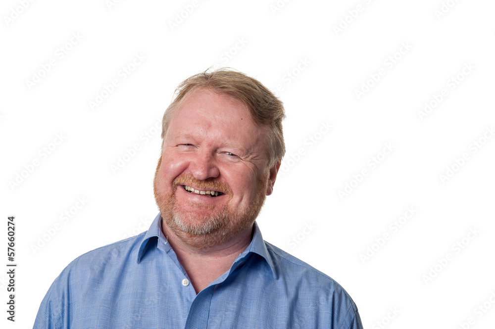 Friendly middle aged bearded guy in blue shirt - on white Friendly middle aged bearded guy in blue shirt - on white