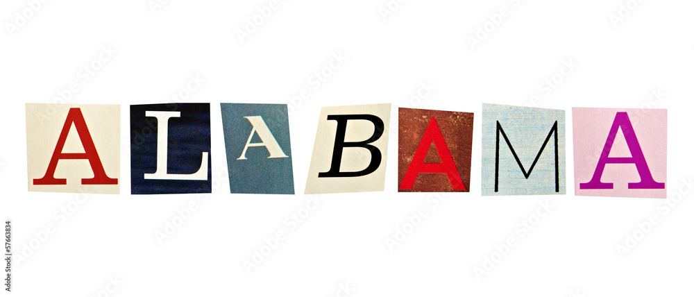 Alabama word formed with magazine letters on a white background