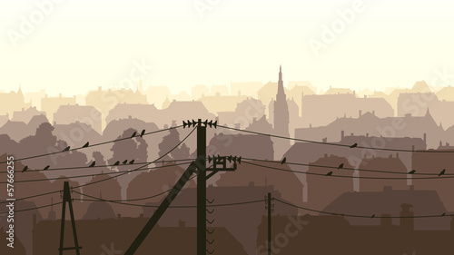 Horizontal illustration of birds on power line.