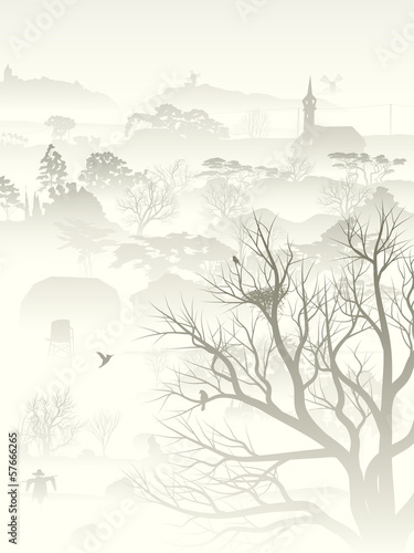 Illustration of misty valley with nest in tree.