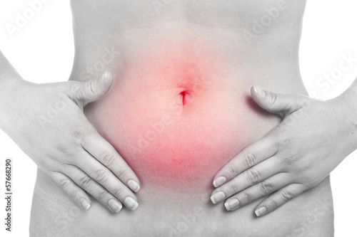Woman with stomach pain, isolated on white background