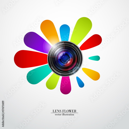 Camera photo lens with flower - vector illustration