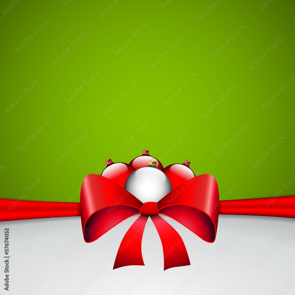 Christmas card with shiny ribbon bow and four balls Christmas card with shiny ribbon bow and four balls