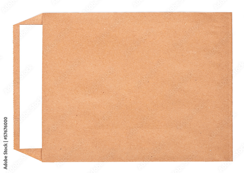 Open brown envelope with paper letter inside on white background