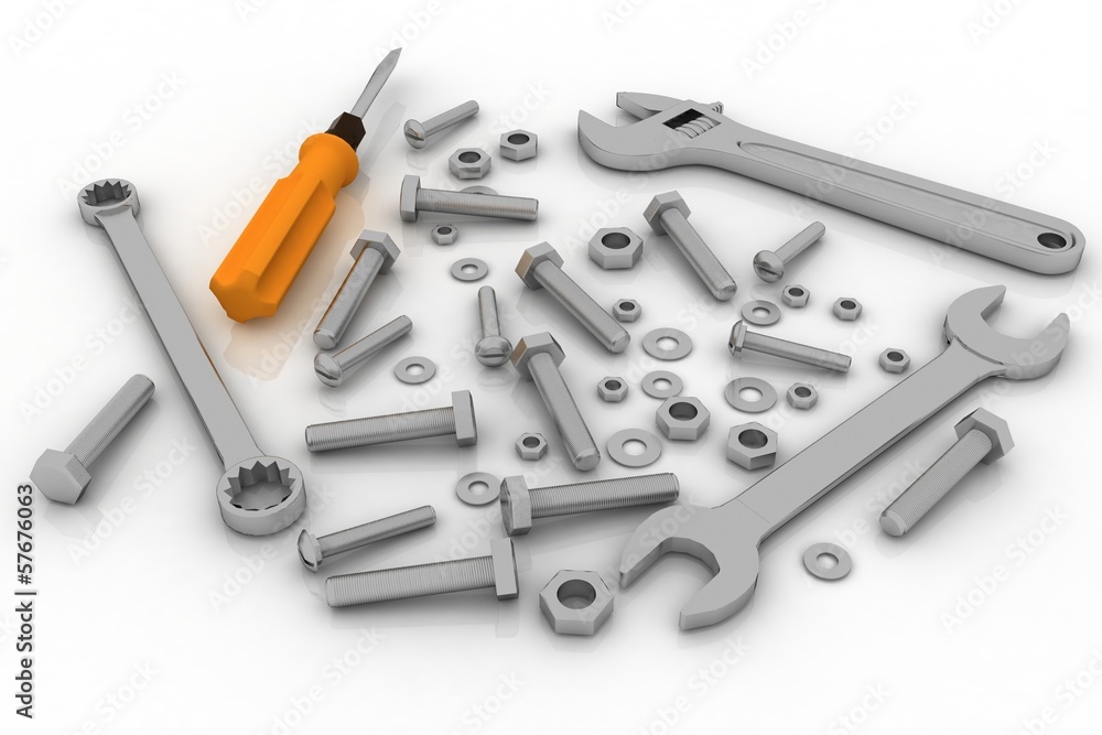 bolts, nuts and pucks of different shapes and tools