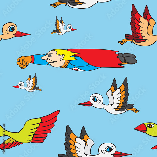 Seamless background. Birds and superman flying in the sky.