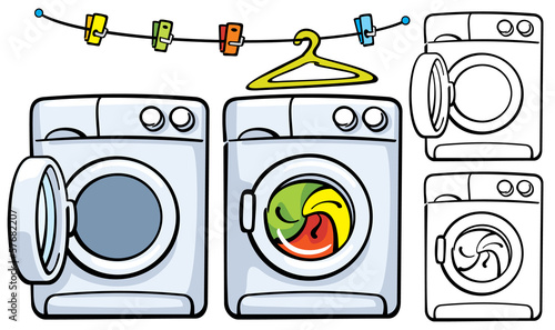 clothesline with clothespins and washer machine in two variants
