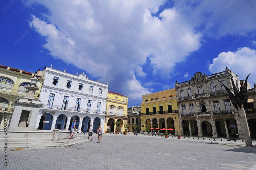 Detail of Old Havana plaza Vieja with colorful tropical building