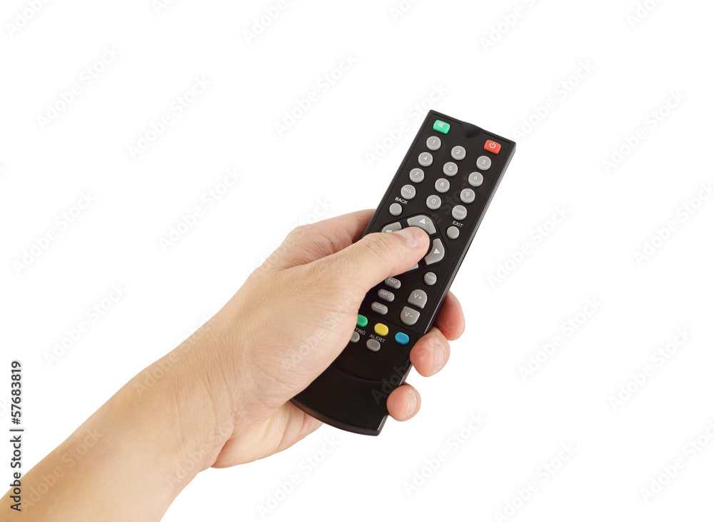hand with remote control on white background hand with remote control on white background